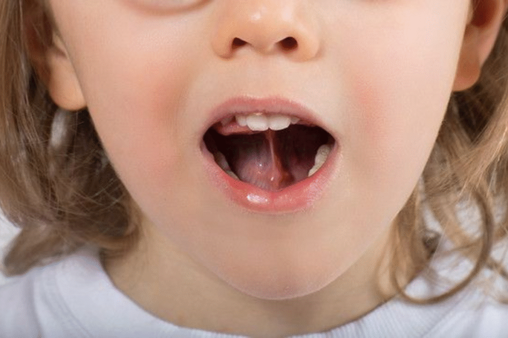 Child with mouth open during myofunctional therapy assessment
